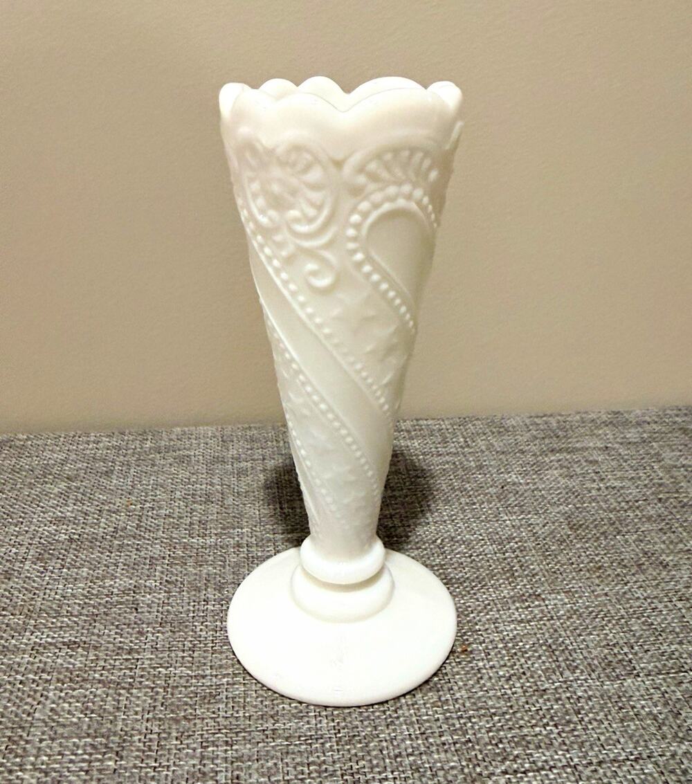 White Milk Glass Pressed Floral Trumpet Pedestal Vase